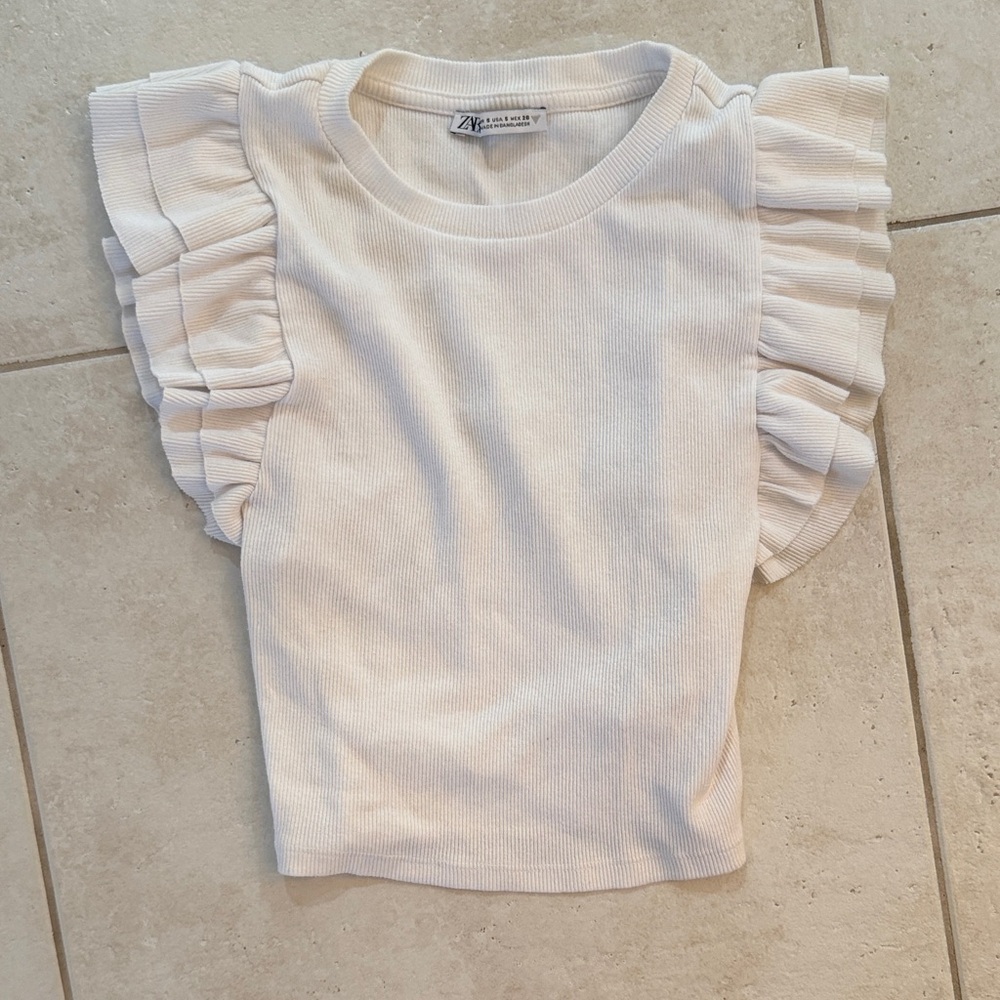 Zara White Ruffle Sleeve Tee